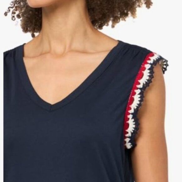 Nautica Women's Solid Cotton V-neck Sleeveless Top With Crocheted Trim Sleeve - Picture 3 of 4